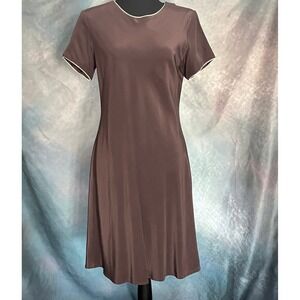VTG Vision Apparel 100% Silk Dress Brown White Trim Short Sleeve Womens Size 8